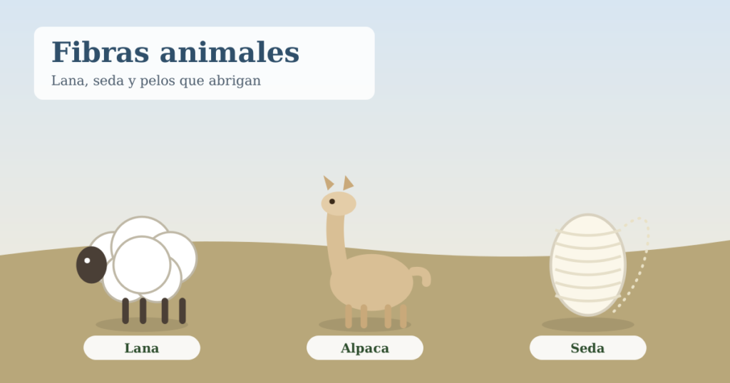 Ilustración de una oveja, una alpaca y un capullo de seda
