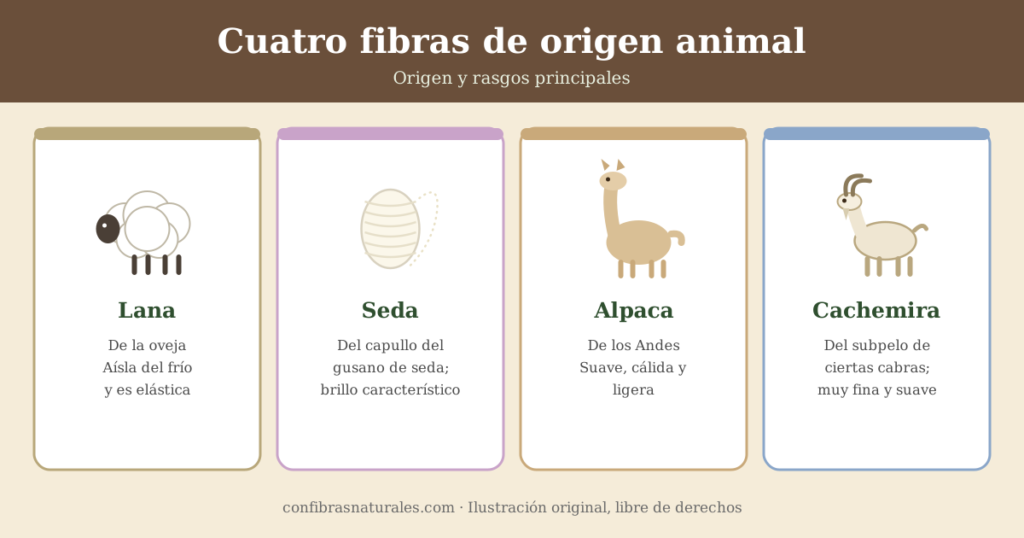 Resumen de cuatro fibras animales: lana, seda, alpaca y cachemira