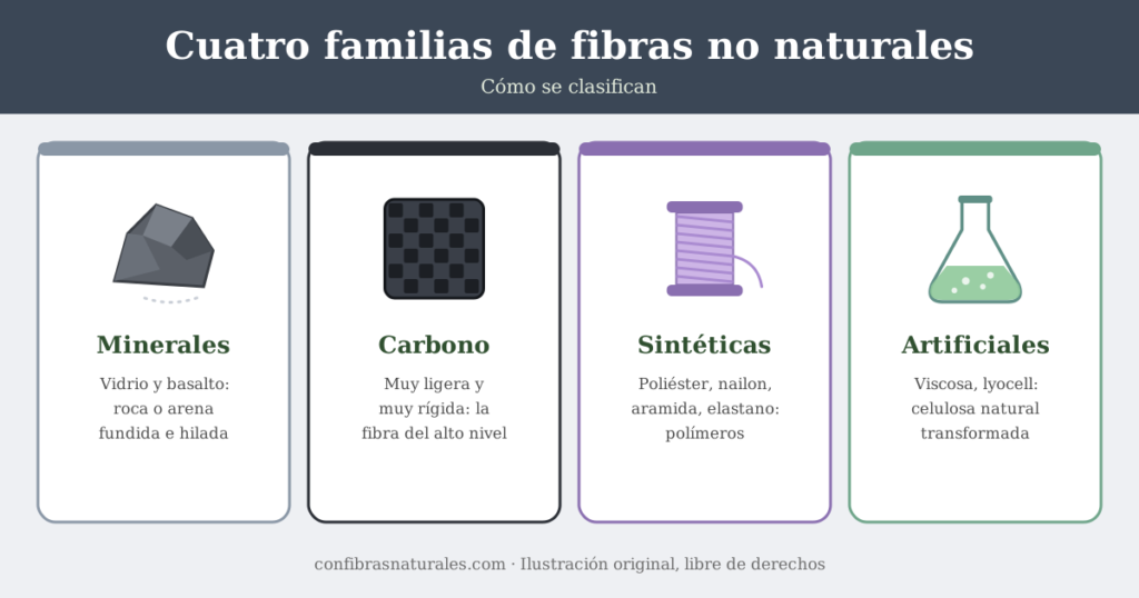 Cuatro familias de fibras no naturales: minerales, carbono, sintéticas y artificiales