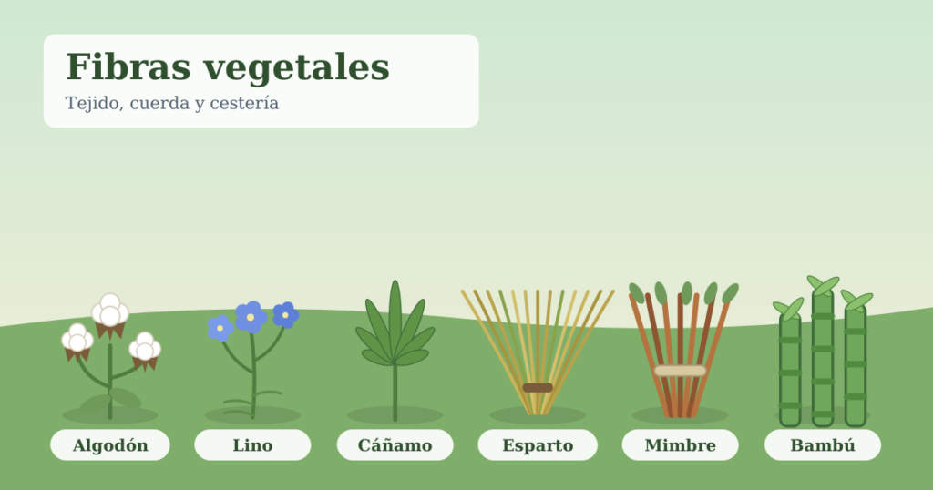 Ilustración de algodón, lino, cáñamo, esparto, mimbre y bambú, seis fibras vegetales