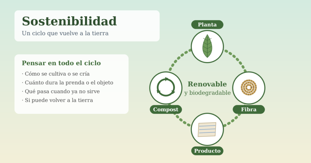 Ciclo de la fibra natural: planta, fibra, producto y compost